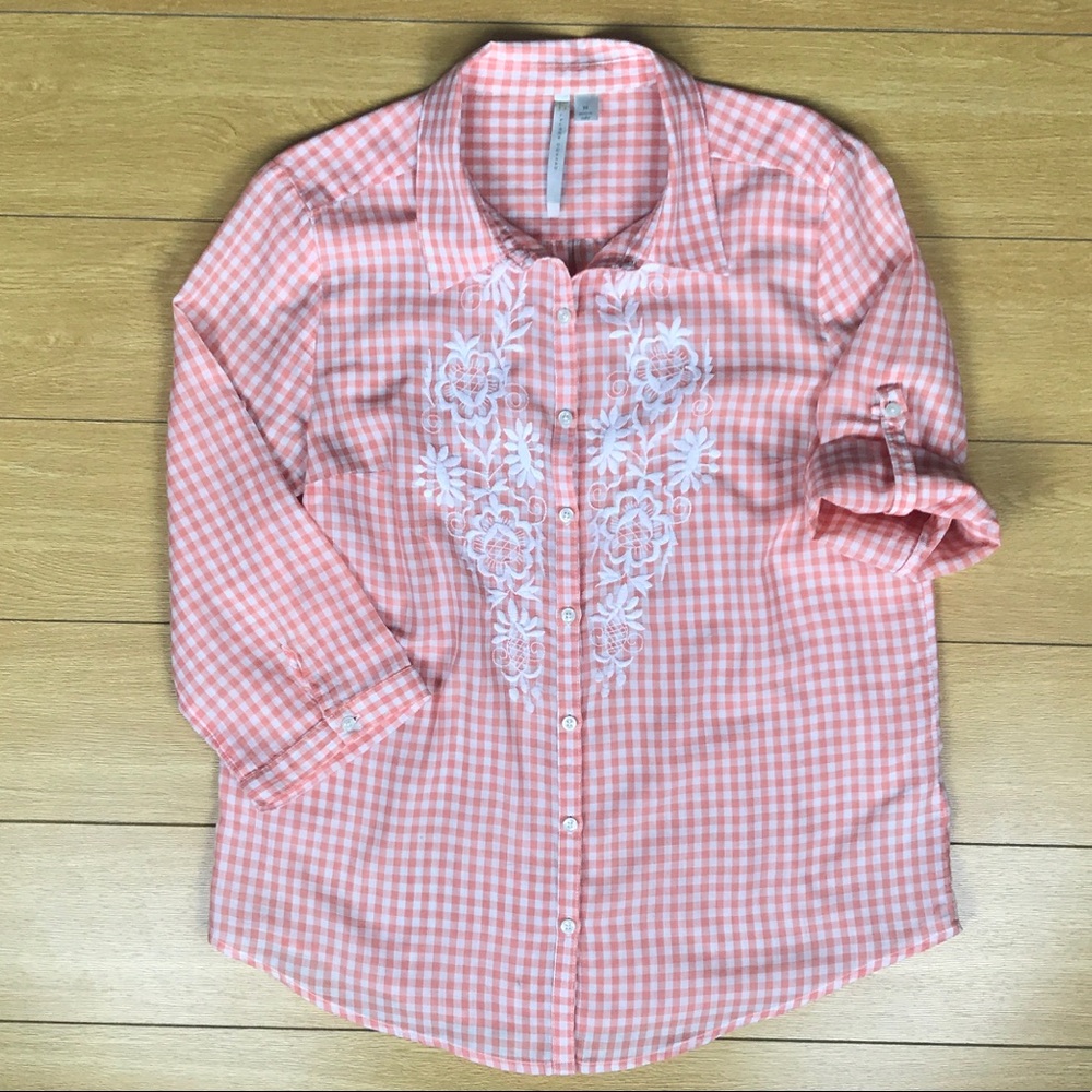 LC Lauren Conrad peach gingham button up shirt